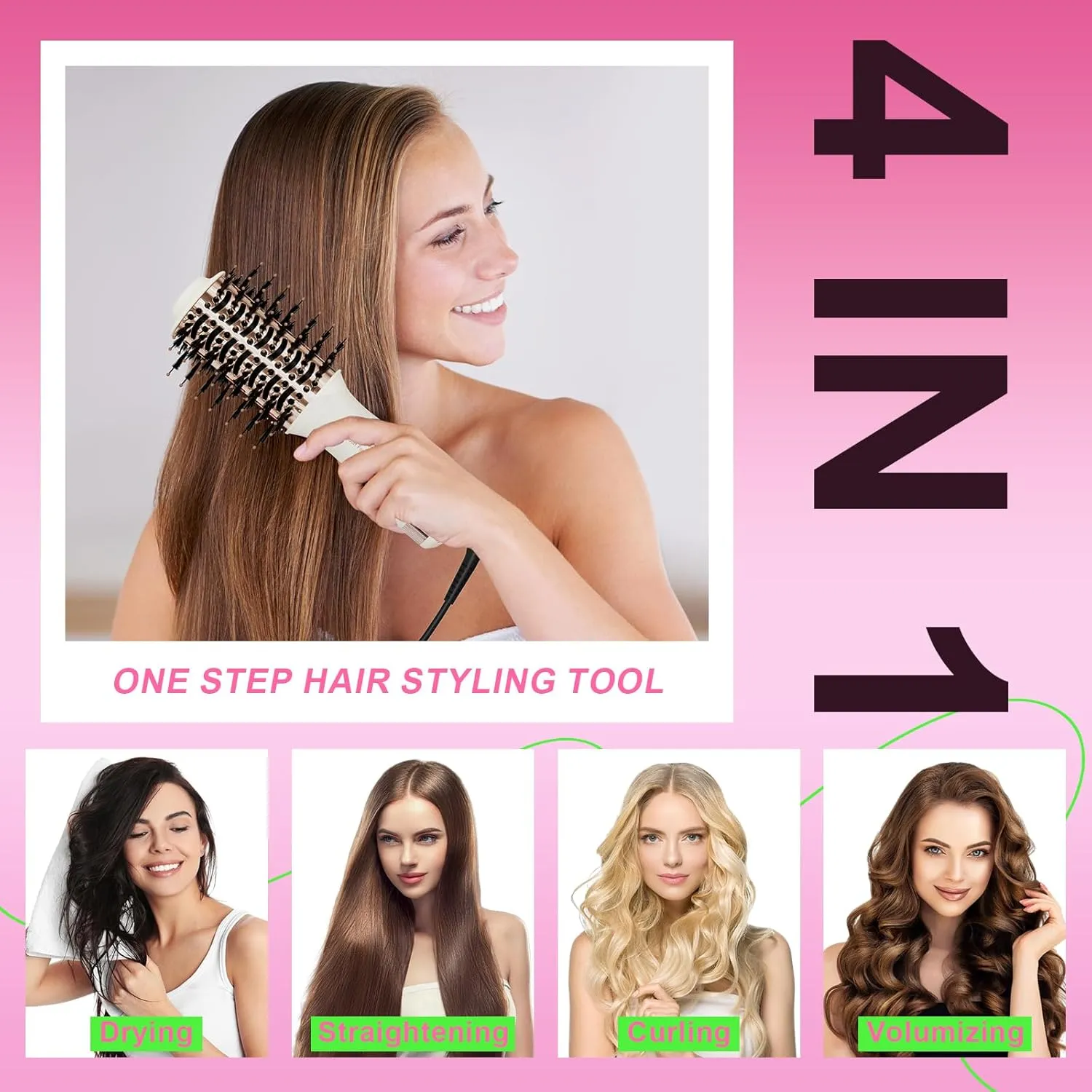 4-in-1 Travel Dual Voltage Hair Dryer Brush Blow Dryer Brush,Portable 2 inch Mini Hot Air Brush,Travel Hair Styler/Volumizer/Straightener/Curler,110-240V European Blow Dry Brush with EU&UK Plug
