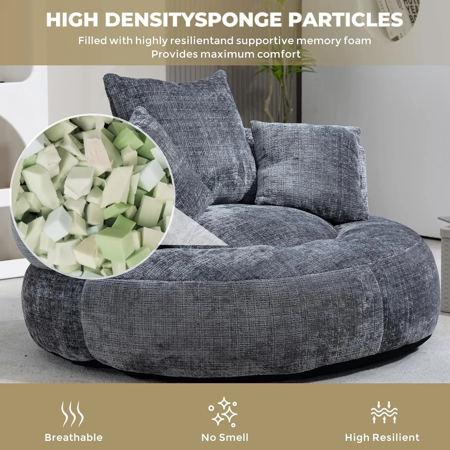 42.52" Lazy Sofa,Oversize Oval Lounger Chair,Upholstered Bean Bag Couch,3 Pillows,Chenille Floor Sofa,High Back Bean Bag Chair,for Small Apartment,Living Room,Bedroom,Office,Gray