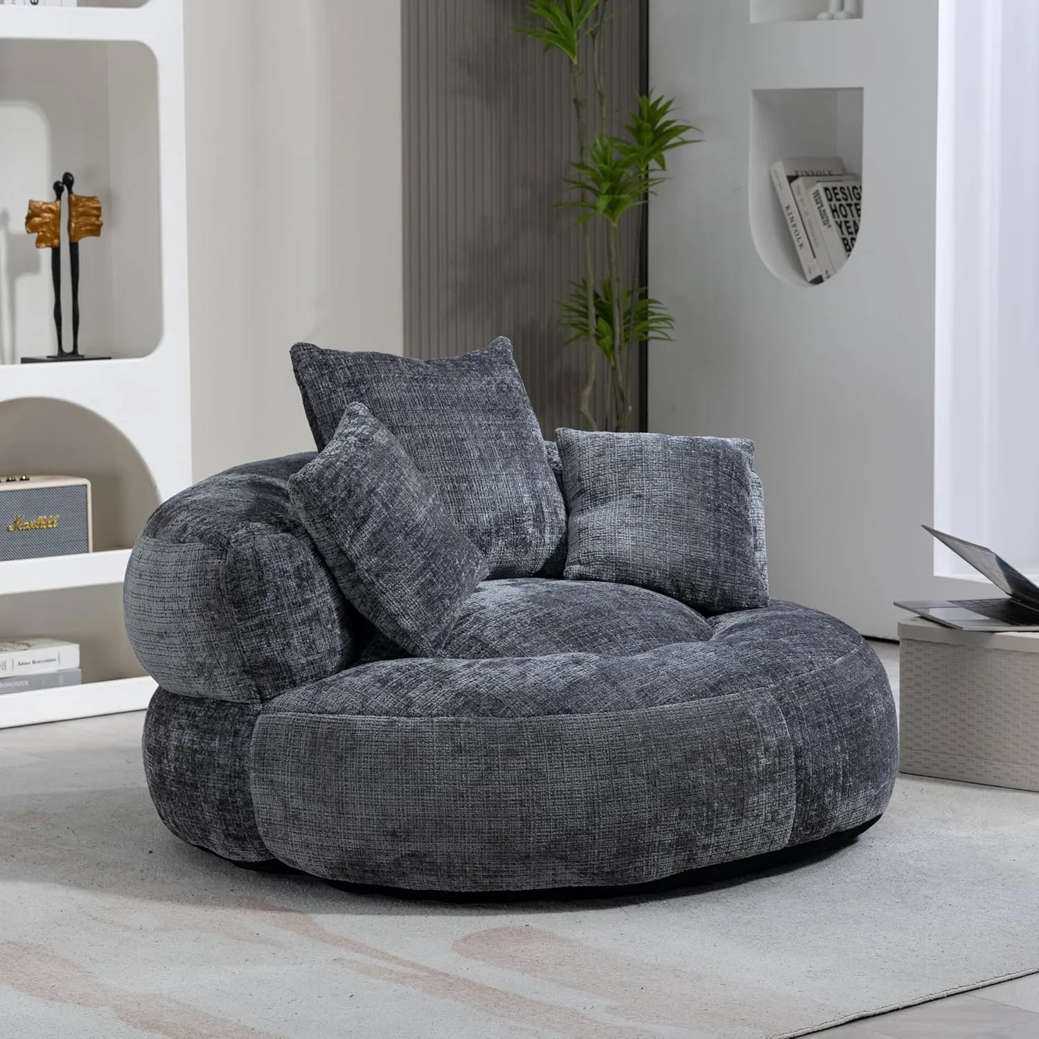 42.52" Lazy Sofa,Oversize Oval Lounger Chair,Upholstered Bean Bag Couch,3 Pillows,Chenille Floor Sofa,High Back Bean Bag Chair,for Small Apartment,Living Room,Bedroom,Office,Gray