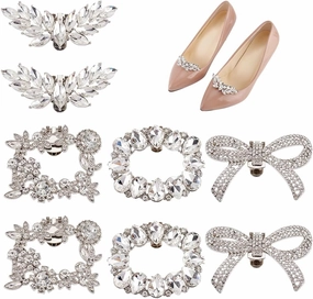4 Pairs 4 Styles Rhinestone Shoe Clips, Crystal Rectangle Shoes Buckle Bow Shoe Decorative Clips Removable Shoe Decorations for Wedding Party High Heels