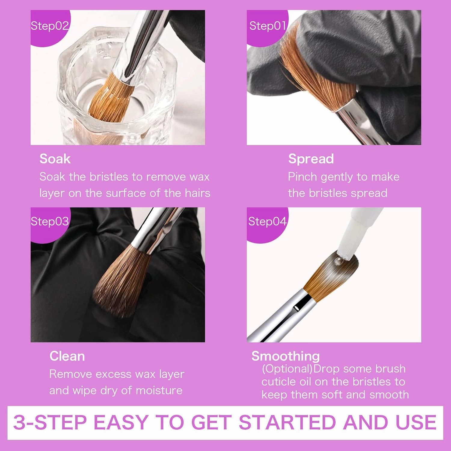 4Pcs Acrylic Nail Brushes Set, Kolinsky Acrylic Nail Art Brush, Art Design & Polish Mistake Cleaning Manicure Tools for Women Acrylic Application (Size 6 8 12 14), Purple