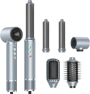5 in 1 Hair Styler - 110000RPM Hot Air Brush, 20m/s Airflow, 0.75LB Aluminum Mini Lightweight Design, Negative Ionic Blow Dryer & Curling Iron, Thermal Brush Set Grey