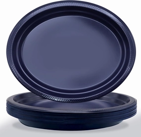 50 Count Blue Plastic Plates - Oval Navy Blue Plates for Birthday Picnic Graduation Patriotic Party(10" x 12")
