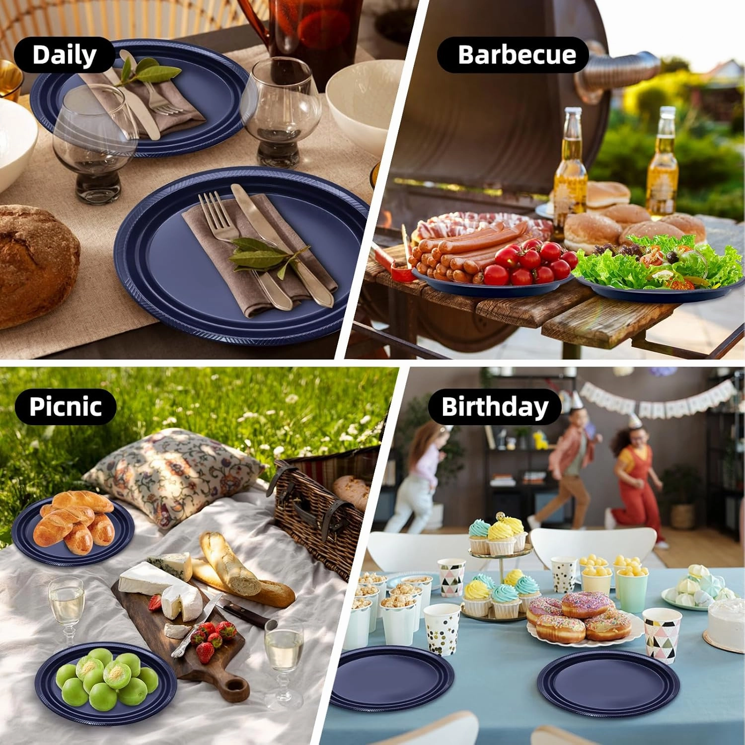 50 Count Blue Plastic Plates - Oval Navy Blue Plates for Birthday Picnic Graduation Patriotic Party(10" x 12")