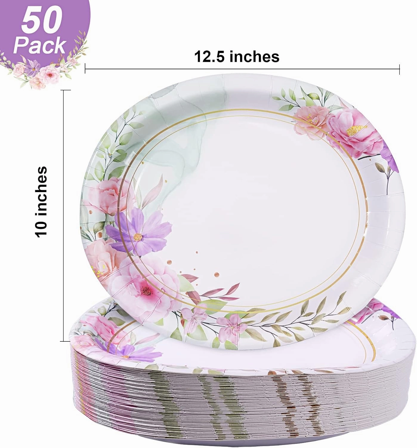 50 Count Floral Oval Paper Plates, 10" x 12.5" Large Disposable Dinner Serving Platters Heavy Duty, for Wedding, Bridal/Baby Showers, Floral Party Supplies