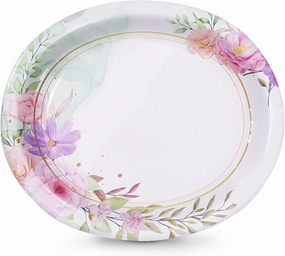 50 Count Floral Oval Paper Plates, 10" x 12.5" Large Disposable Dinner Serving Platters Heavy Duty, for Wedding, Bridal/Baby Showers, Floral Party Supplies