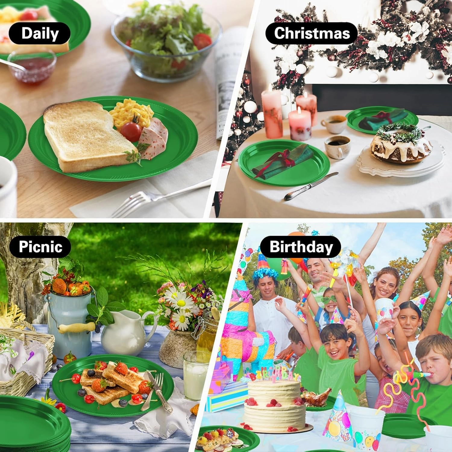 50 Count Green Plates Disposable 12" x 10" - Oval Green Plastic Plates for Picnic Birthday Graduation Party