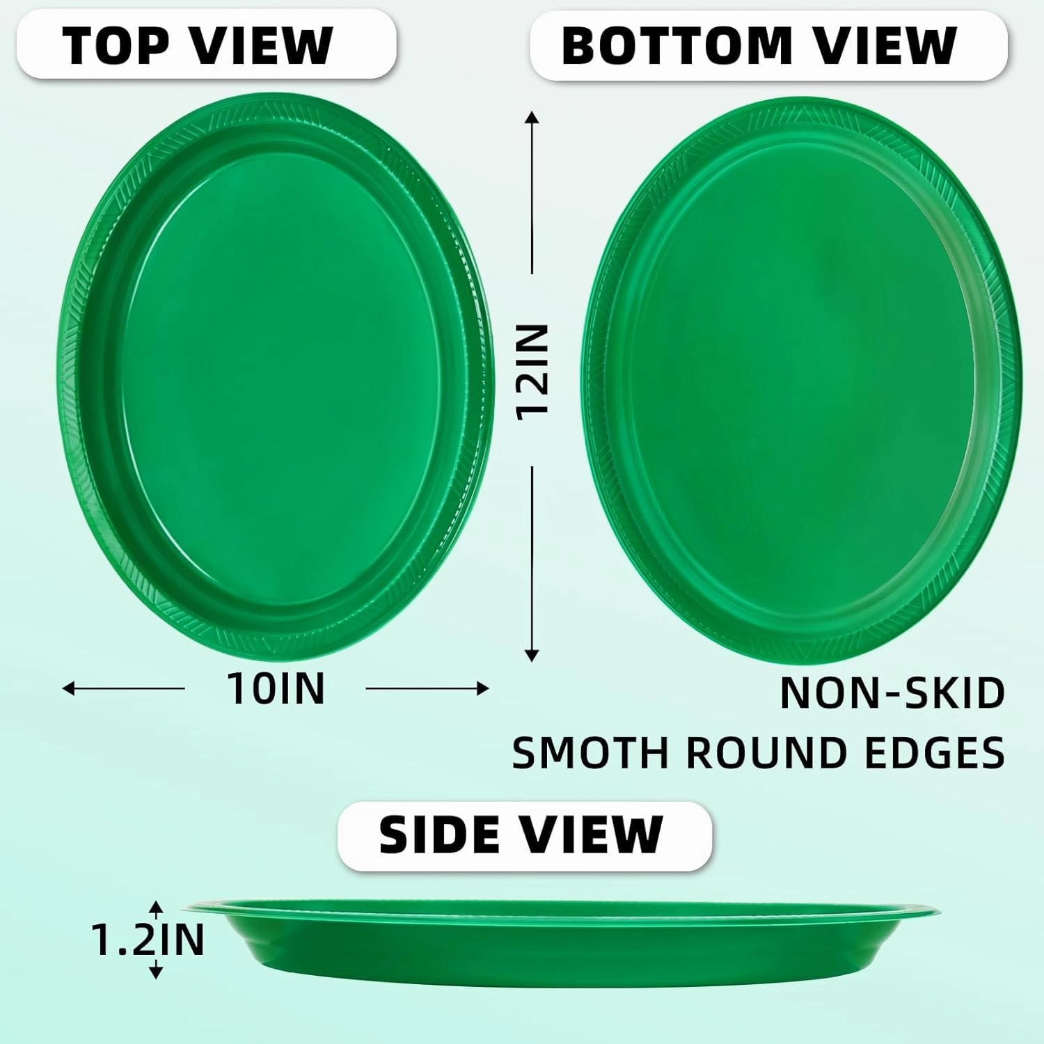 50 Count Green Plates Disposable 12" x 10" - Oval Green Plastic Plates for Picnic Birthday Graduation Party