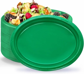 50 Count Green Plates Disposable 12" x 10" - Oval Green Plastic Plates for Picnic Birthday Graduation Party