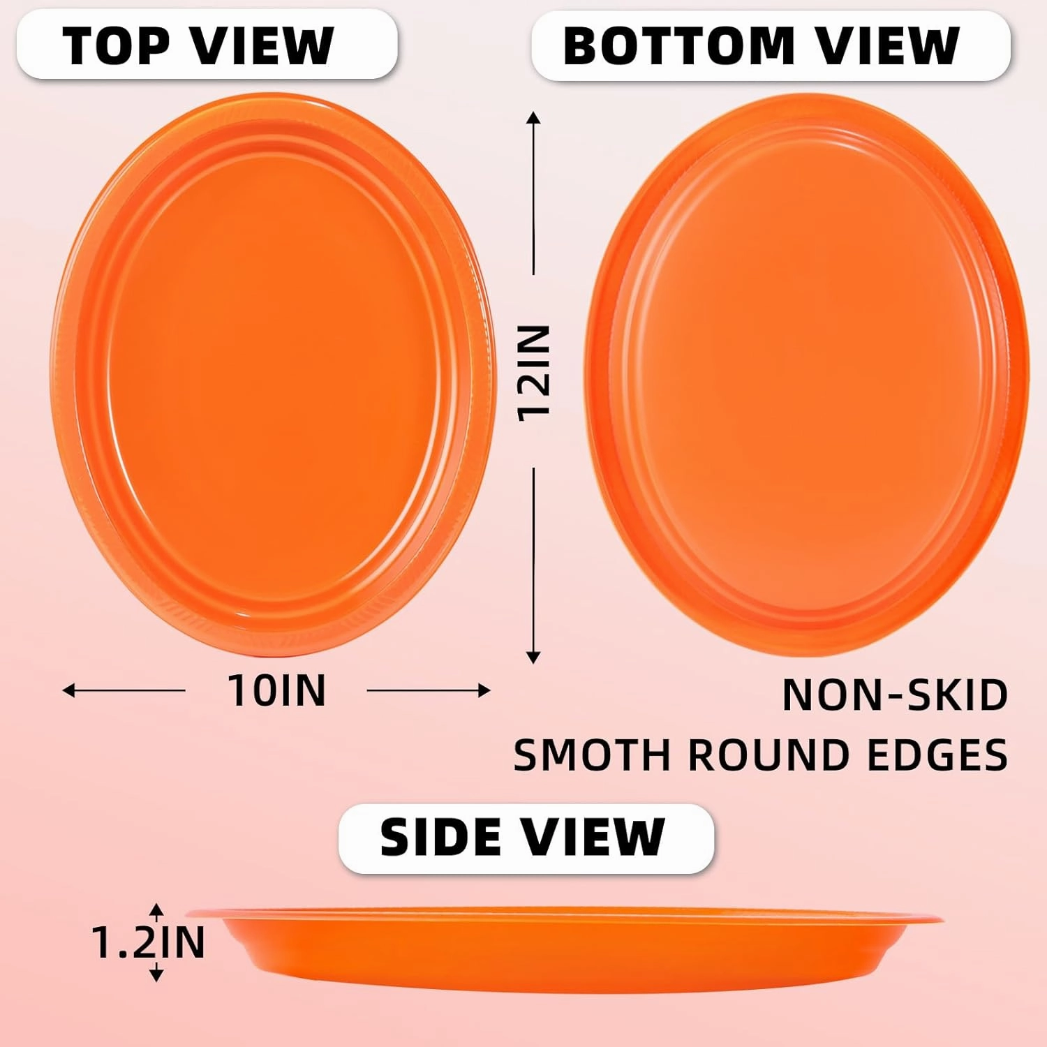 50 Count Orange Plastic Plates Disposable 10" x 12" - Oval Plastic Dinner Plates for Birthday Picnic Graduation Party