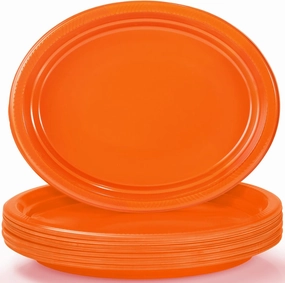 50 Count Orange Plastic Plates Disposable 10" x 12" - Oval Plastic Dinner Plates for Birthday Picnic Graduation Party