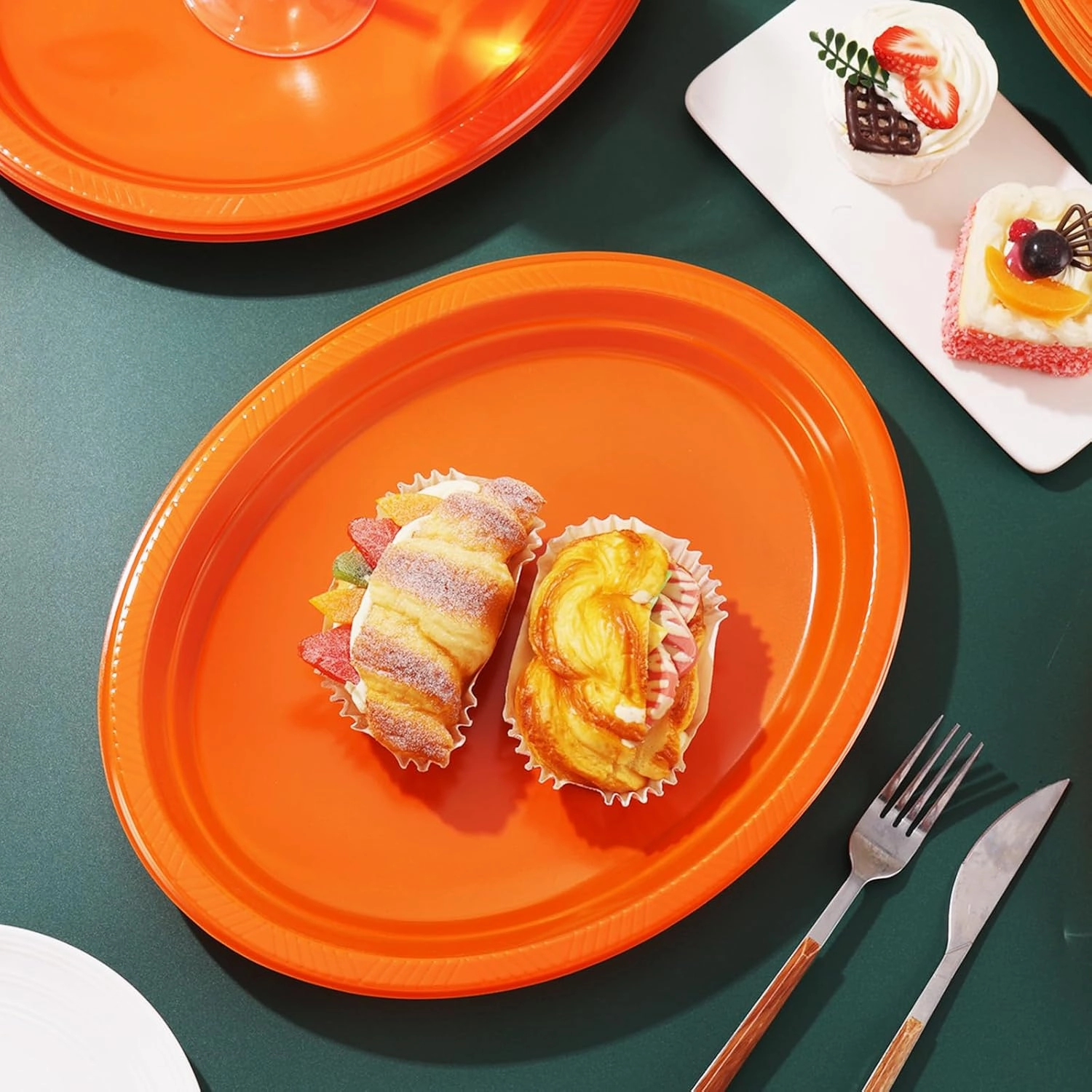 50 Count Orange Plastic Plates Disposable 10" x 12" - Oval Plastic Dinner Plates for Birthday Picnic Graduation Party