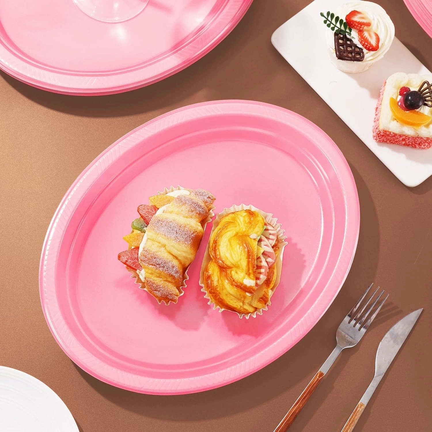 50 Count Pink Plastic Plates Disposiable 10" x 12" Oval Pink Plates for Girls Baby Bridal Shower Birthday Party