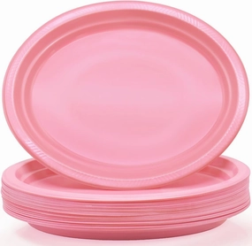 50 Count Pink Plastic Plates Disposiable 10" x 12" Oval Pink Plates for Girls Baby Bridal Shower Birthday Party