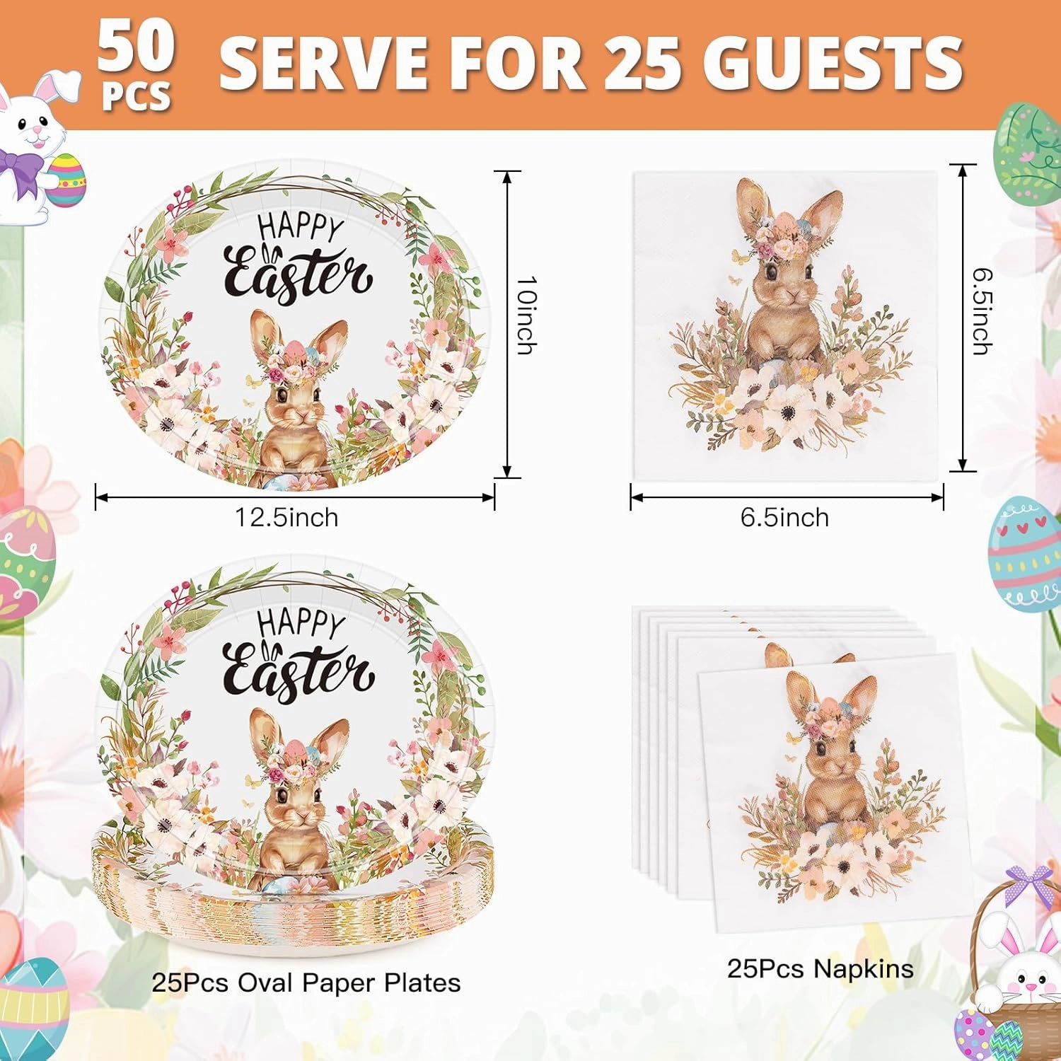50Pcs Easter Paper Plates and Napkins Set Serve 25 Guests 10" x 12.5" Large Oval Plates and 6.5'' Napkins, Disposable Heavy Duty Easter Tableware Set Easter Plates Bunny Egg Dinnerware Party Supplies