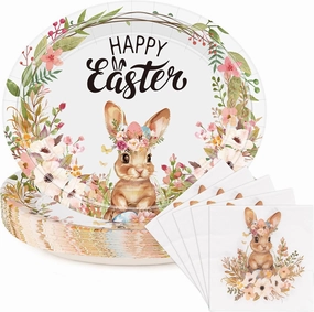 50Pcs Easter Paper Plates and Napkins Set Serve 25 Guests 10" x 12.5" Large Oval Plates and 6.5'' Napkins, Disposable Heavy Duty Easter Tableware Set Easter Plates Bunny Egg Dinnerware Party Supplies