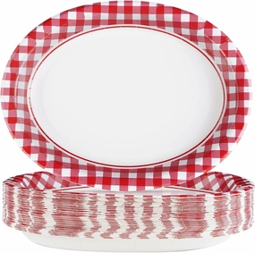 50Pcs Gingham Oval Paper Plates 10" x 12" Large Disposable 400GSM Heavy Duty Red and White Buffalo Checked Plaid Paper Dessert Plates for BBQ Picnic Birthday Dinner Crawfish Boil Party Supplies