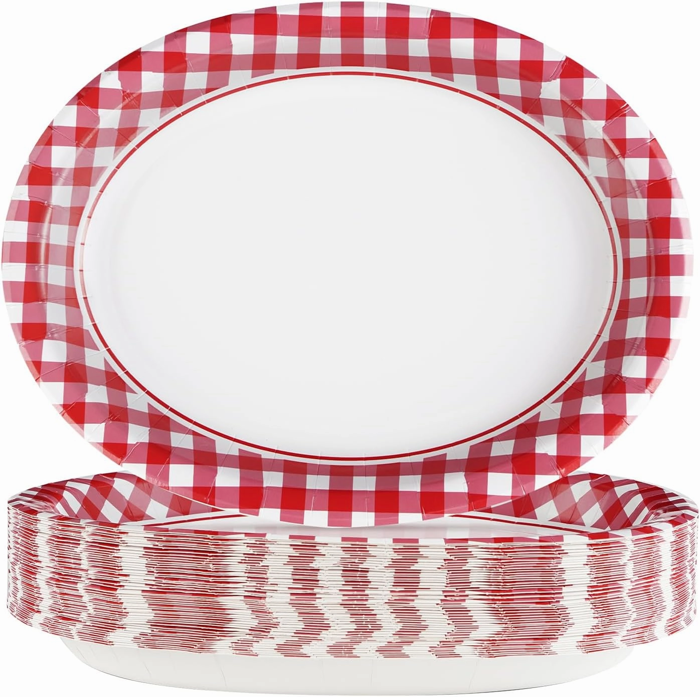 50Pcs Gingham Oval Paper Plates 10" x 12" Large Disposable 400GSM Heavy Duty Red and White Buffalo Checked Plaid Paper Dessert Plates for BBQ Picnic Birthday Dinner Crawfish Boil Party Supplies