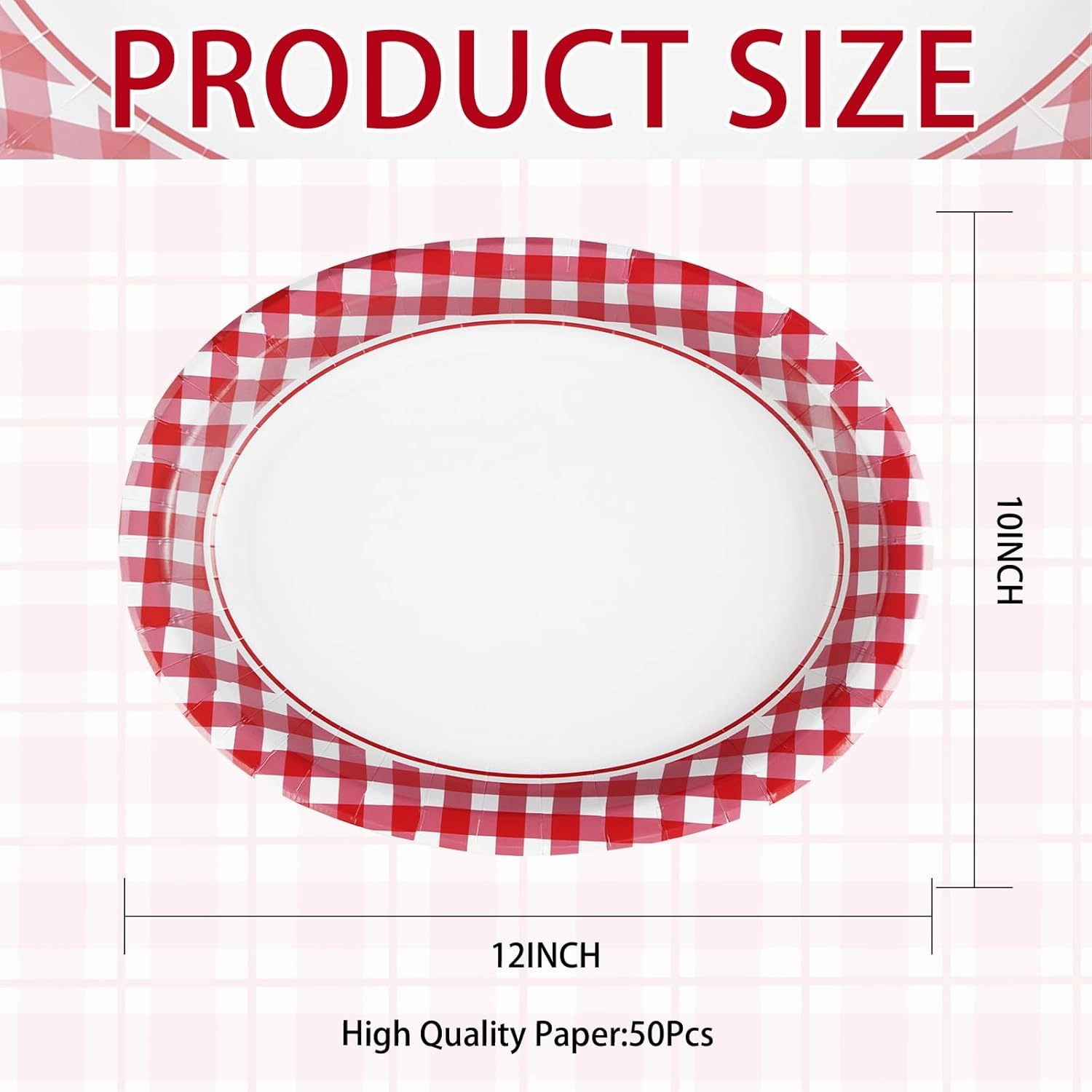 50Pcs Gingham Oval Paper Plates 10" x 12" Large Disposable 400GSM Heavy Duty Red and White Buffalo Checked Plaid Paper Dessert Plates for BBQ Picnic Birthday Dinner Crawfish Boil Party Supplies