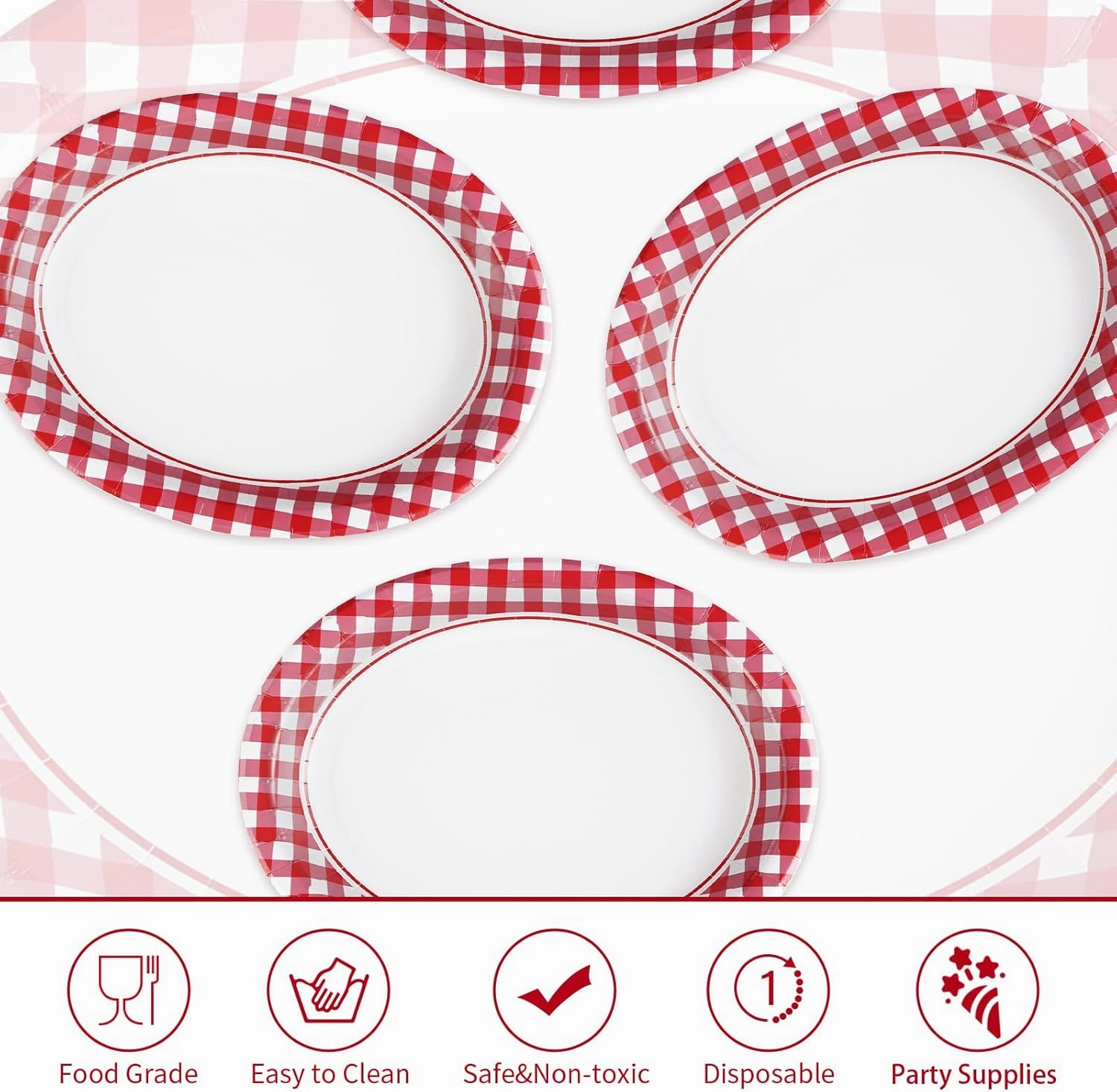 50Pcs Gingham Oval Paper Plates 10" x 12" Large Disposable 400GSM Heavy Duty Red and White Buffalo Checked Plaid Paper Dessert Plates for BBQ Picnic Birthday Dinner Crawfish Boil Party Supplies