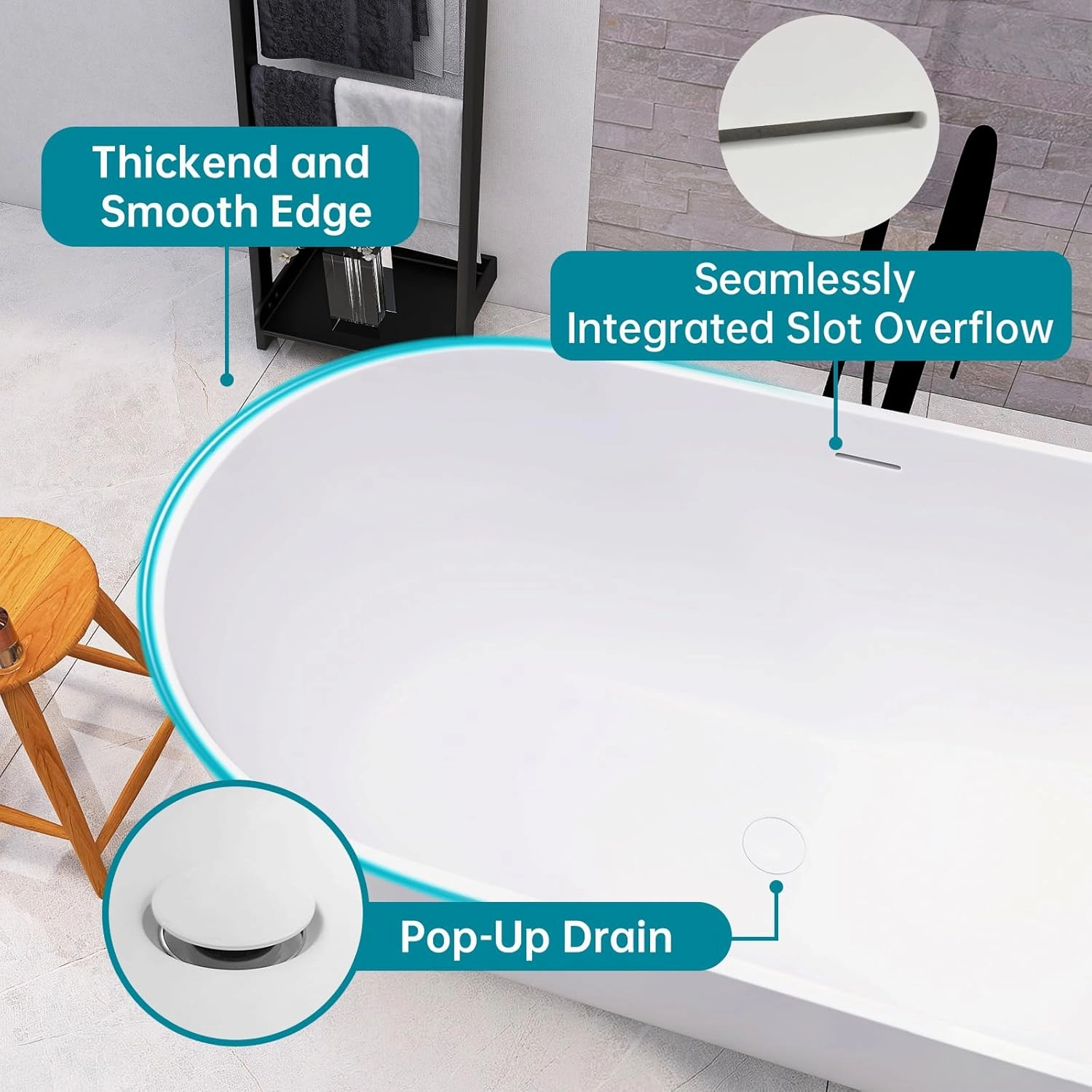 59'' Freestanding Tubs Bathtub Bathroom Solid Surface Resin Stone Bathtubs soaker Tubs Oval Shaped Matte Luxury Modern Soaking Tub with Overflow and Pop-up Drain - White
