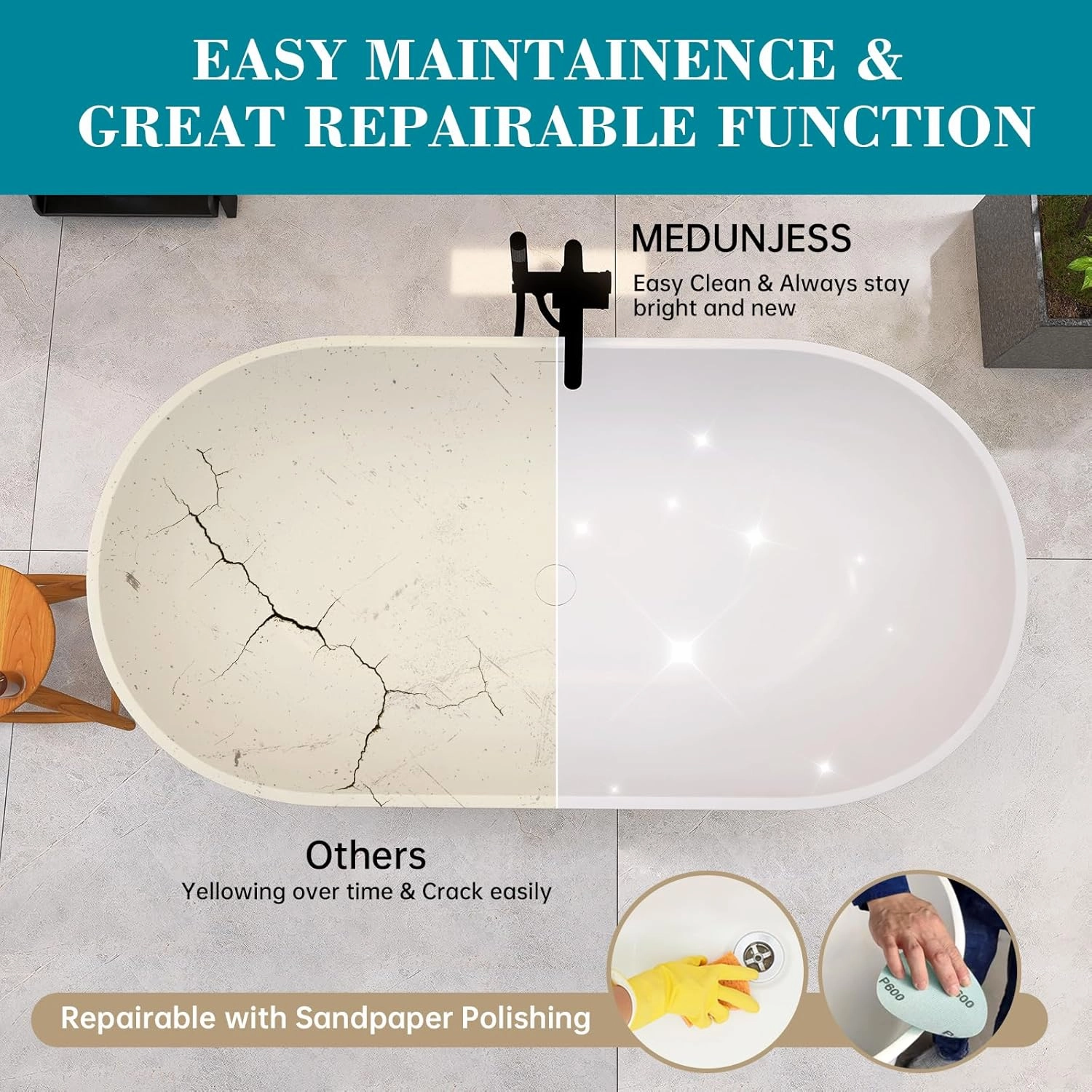 59'' Freestanding Tubs Bathtub Bathroom Solid Surface Resin Stone Bathtubs soaker Tubs Oval Shaped Matte Luxury Modern Soaking Tub with Overflow and Pop-up Drain - White
