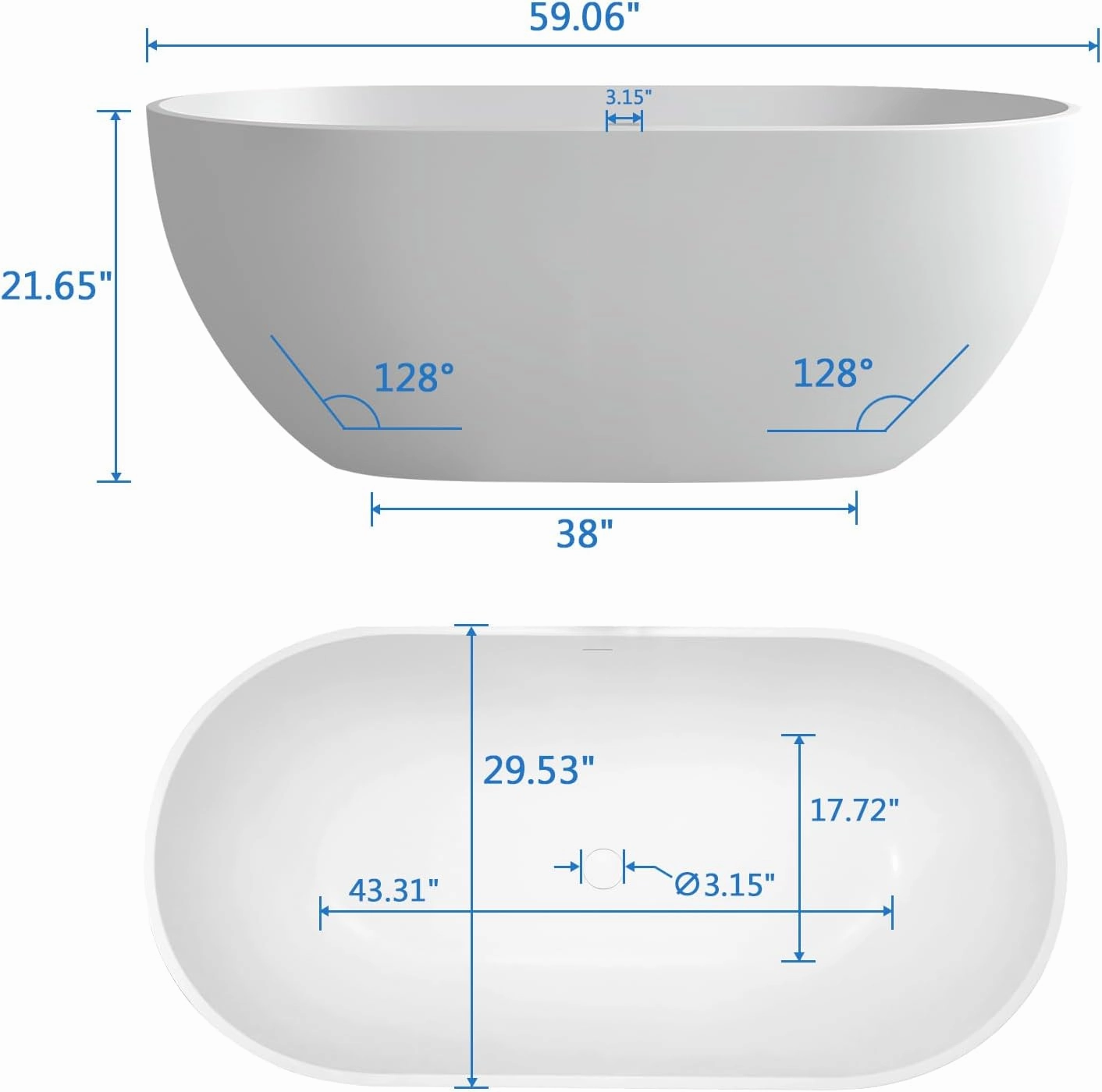 59'' Freestanding Tubs Bathtub Bathroom Solid Surface Resin Stone Bathtubs soaker Tubs Oval Shaped Matte Luxury Modern Soaking Tub with Overflow and Pop-up Drain - White