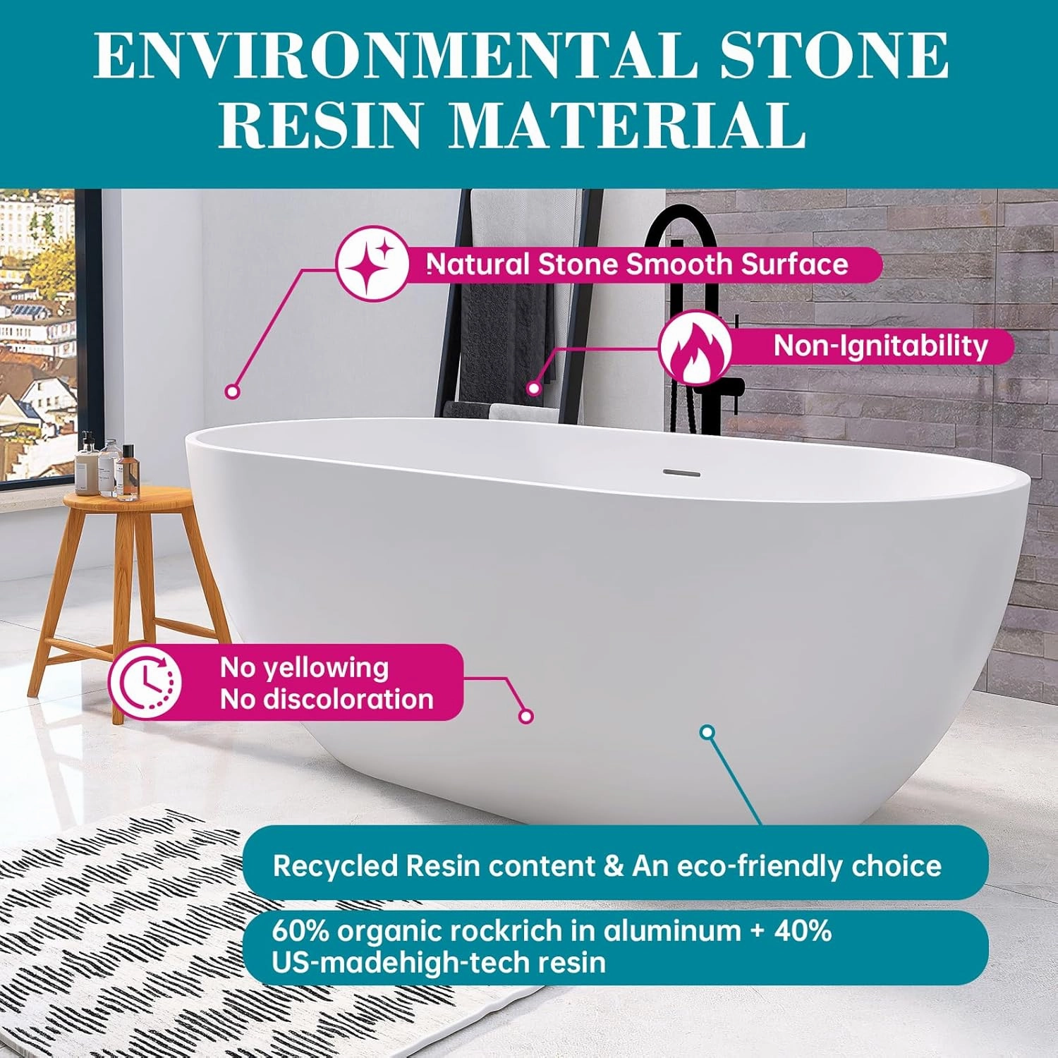 59'' Freestanding Tubs Bathtub Bathroom Solid Surface Resin Stone Bathtubs soaker Tubs Oval Shaped Matte Luxury Modern Soaking Tub with Overflow and Pop-up Drain - White