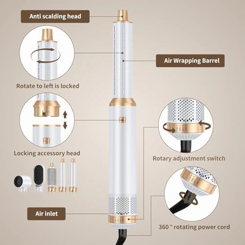 5 in 1 Upgrade Hair Dryer Brush Blow Dryer Brush, Air Curler Air Curling Wrap Styler, Detachable Hot Air Brush Negative Ion Curling Brush Iron, Hair Styling Tools for Drying Curling Straightening