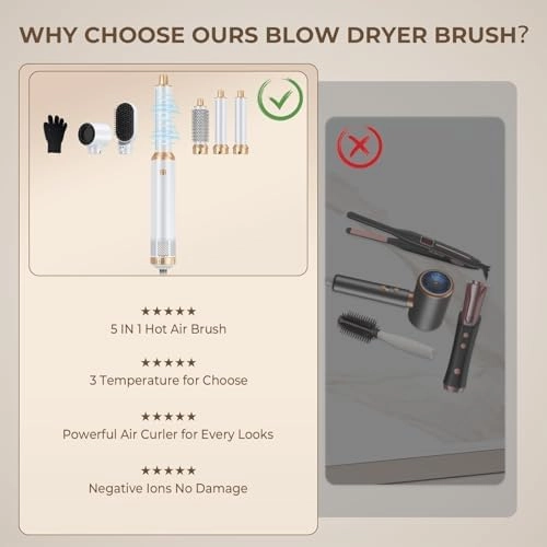 5 in 1 Upgrade Hair Dryer Brush Blow Dryer Brush, Air Curler Air Curling Wrap Styler, Detachable Hot Air Brush Negative Ion Curling Brush Iron, Hair Styling Tools for Drying Curling Straightening