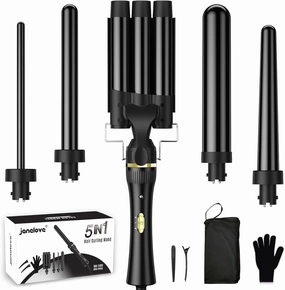 5 in 1 Wand Curling Iron, janelove Hair Curling Wand Set with 3 Barrel Hair Crimper and 4 Interchangeable Ceramic Curling Irons (0.39 "-1.25"), 2 Temps Fast Heat Hair Waver Curler for All Hair Type
