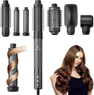 6-in-1 High-Speed Hair Dryer Brush Blow Dryer 110,000 RPM with Interchangeable Heads, Hair Styling Tools for Styling No Heat Damage, Magic Air Wrap Hair Styler, Blowout Thermal Brush Set, Gray