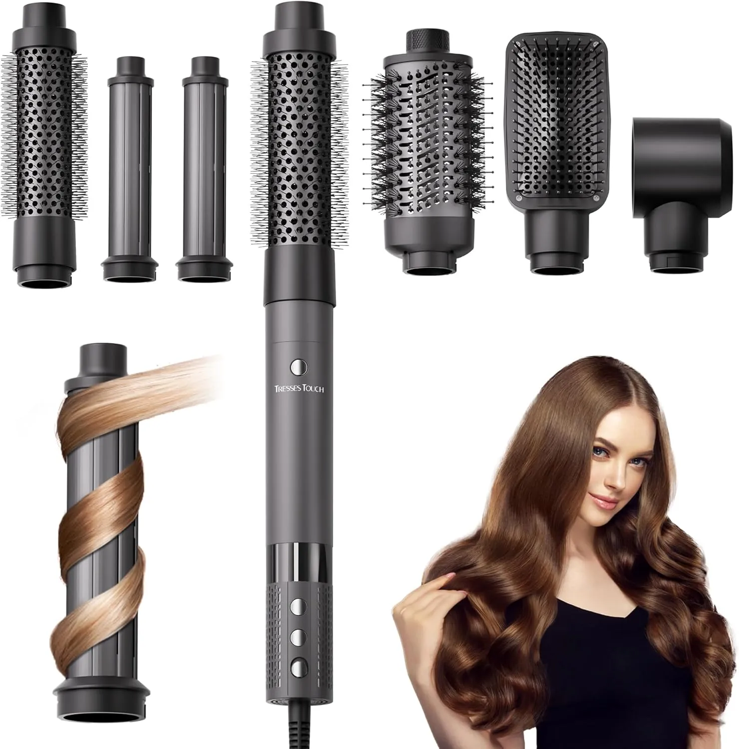 6-in-1 High-Speed Hair Dryer Brush Blow Dryer 110,000 RPM with Interchangeable Heads, Hair Styling Tools for Styling No Heat Damage, Magic Air Wrap Hair Styler, Blowout Thermal Brush Set, Gray