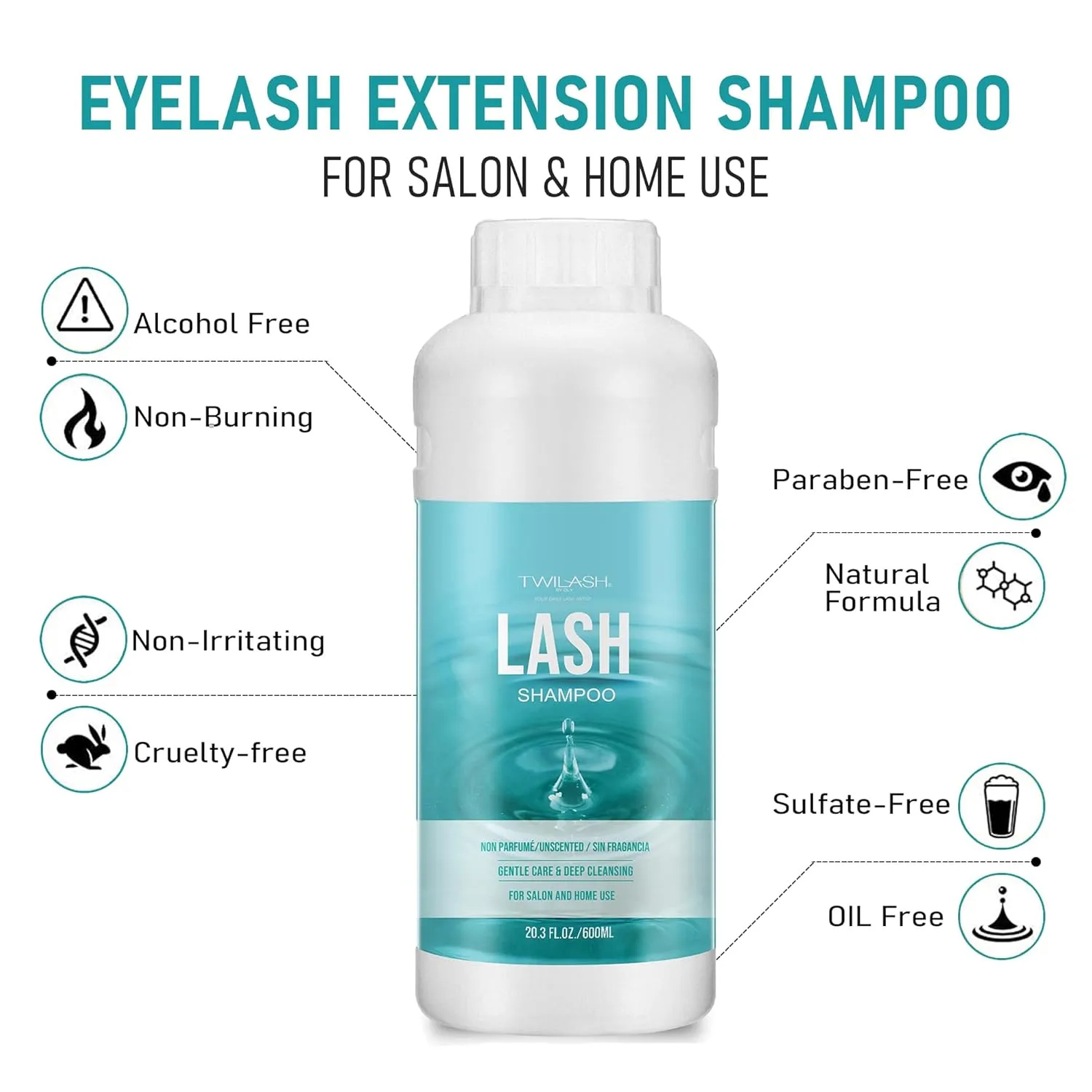 600ml Lash Shampoo Bulk, Eyelash Extensions Cleanser for Extensions, Safe Makeup Remover, Non-irritating or Burning Formula Eyelid Foaming Cleanser Best for Professional Salon and Home Use (Unscented)