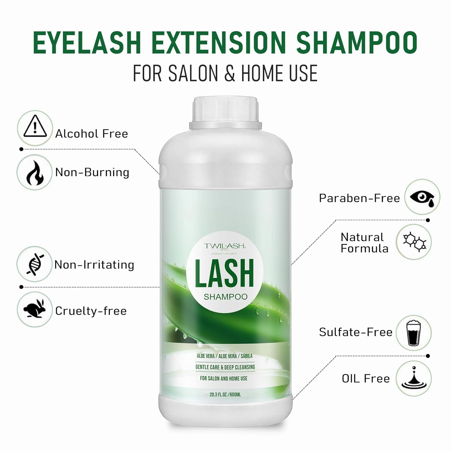 600ml Lash Shampoo Bulk, Eyelash Extensions Cleanser for Extensions, Safe Makeup Remover, Non-irritating or Burning Formula Eyelid Foaming Cleanser Best for Professional Salon and Home Use (Aloe Vera)