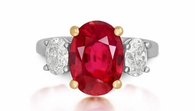 619 custom made unique oval ruby center stone and oval diamond side three stone engagement ring