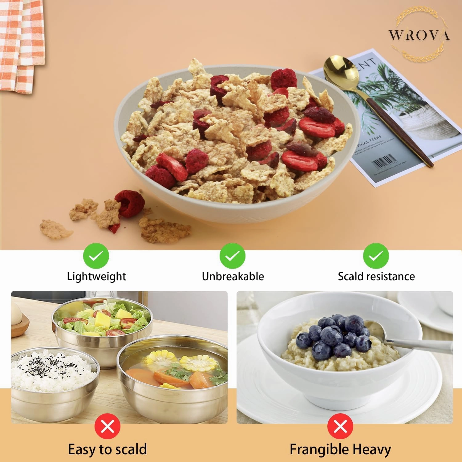 65oz Big Wheat Straw Bowls - Large Salad Bowls set of 6 - Unbreakable Serving Bowl Sets - Microwave & Dishwasher Safe Bowl Sets for Cereal,Salad,Fruit - Beige
