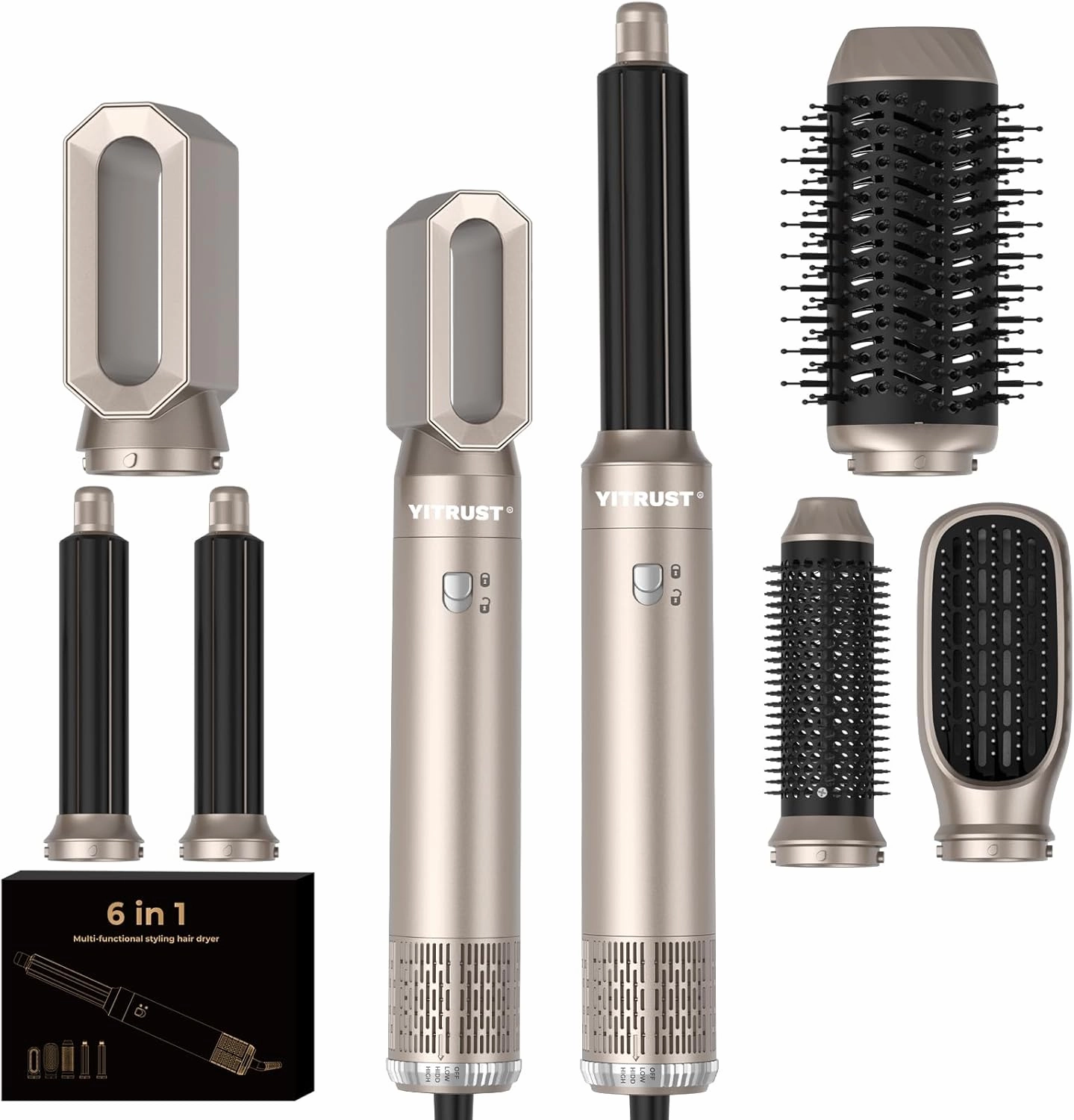 6 in 1 Blow Dryer Brush 60000RPM Hair Dryer Brush Detachable Air Curler Wrap Styler Professional Hot Air Brush Round Brush Blow Dryer Hair Styling Tools (Silver)