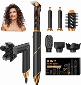 6 in 1 Hair Dryer Brush, Foldable Blow Dryer Brush with Wrap Curler, Detachable Air Hair Styler Curling, Drying,Volumizing, Straightening, Negative Ionic Hair Dryer with Diffuser, Hair Styling Tools
