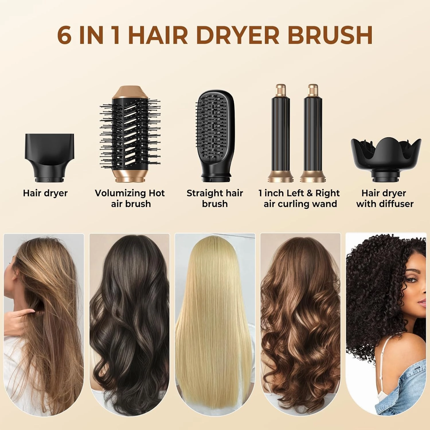 6 in 1 Hair Dryer Brush, Foldable Blow Dryer Brush with Wrap Curler, Detachable Air Hair Styler Curling, Drying,Volumizing, Straightening, Negative Ionic Hair Dryer with Diffuser, Hair Styling Tools