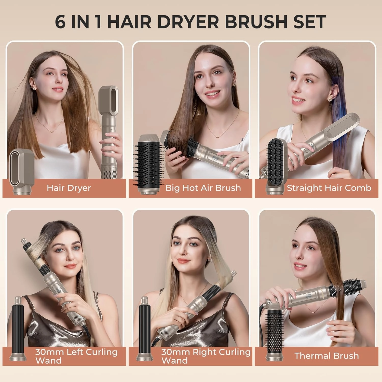 6 in ONE Blow Dryer Brush, Curling Wand Hair Styling Tools Set, Ionic Hot Air Brush Hair Dryer, Massage Oval Hair Dryer Brush, Left&Right Hair Curlers