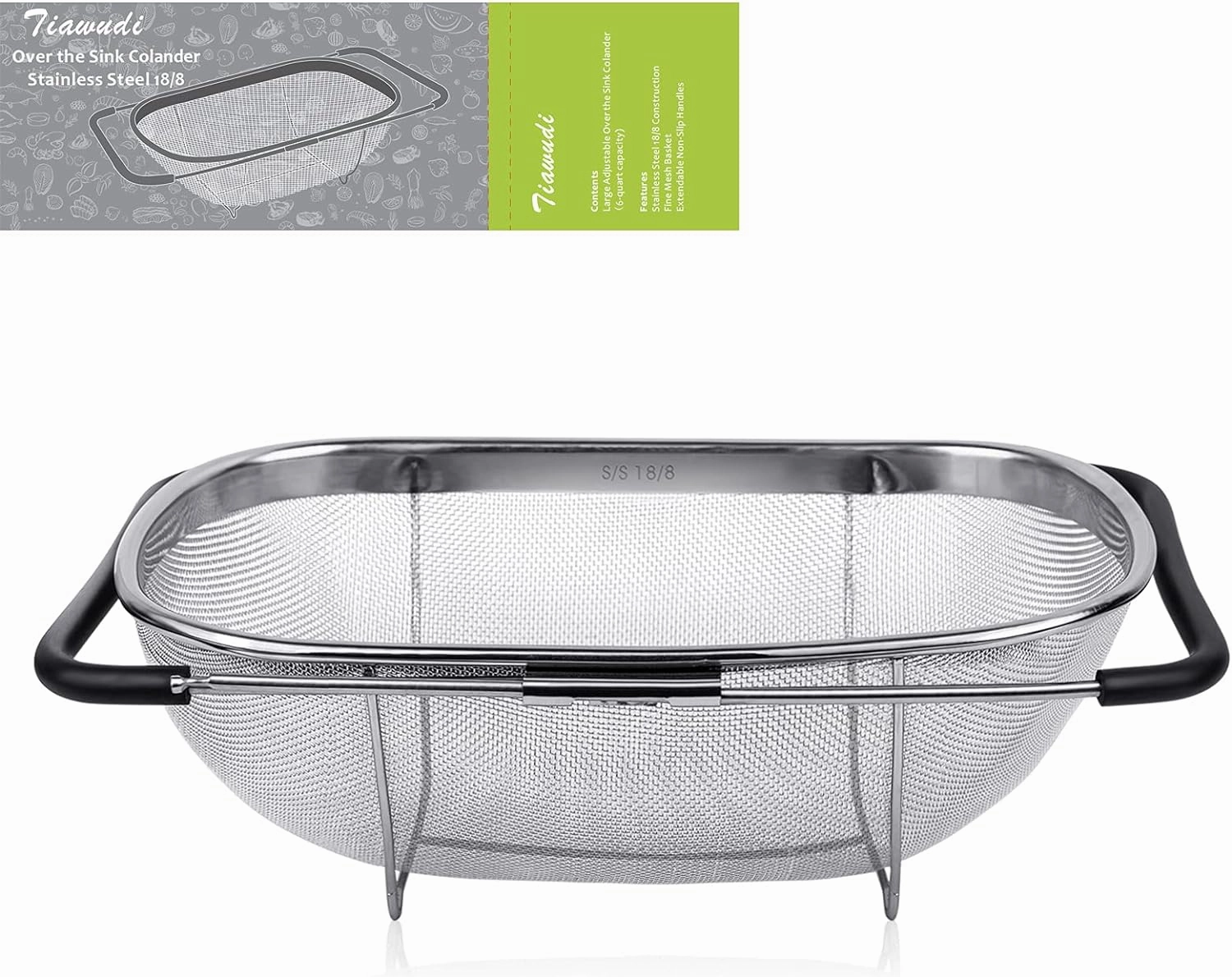 6-Quart Large Over The Sink Colander, Heavy Duty 18/8 Stainless Steel Fine Mesh Strainer Basket with Expandable Rubber Grip Handles - Strain, Drain, Rinse Fruits, Vegetables