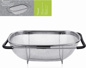6-Quart Large Over The Sink Colander, Heavy Duty 18/8 Stainless Steel Fine Mesh Strainer Basket with Expandable Rubber Grip Handles - Strain, Drain, Rinse Fruits, Vegetables