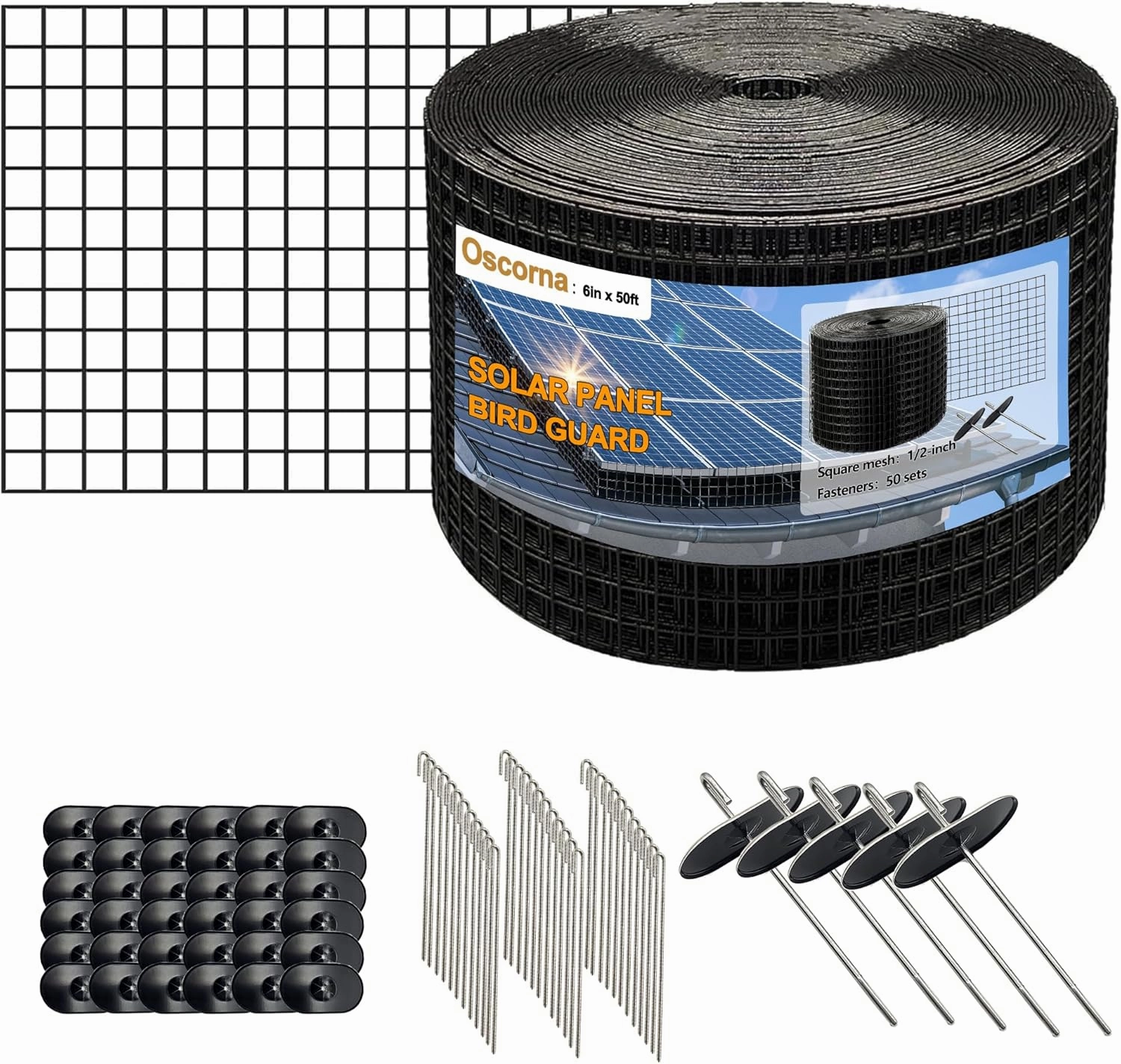 6in x 50ft Solar Panel Bird Guard, 1/2inch Solar Panel Critter Proofing Wire Roll Mesh Kit with 50 Fastener Clips, Solar Panels Bird Proofing with Black Coated Galvanized net for Pigeon Prevention.