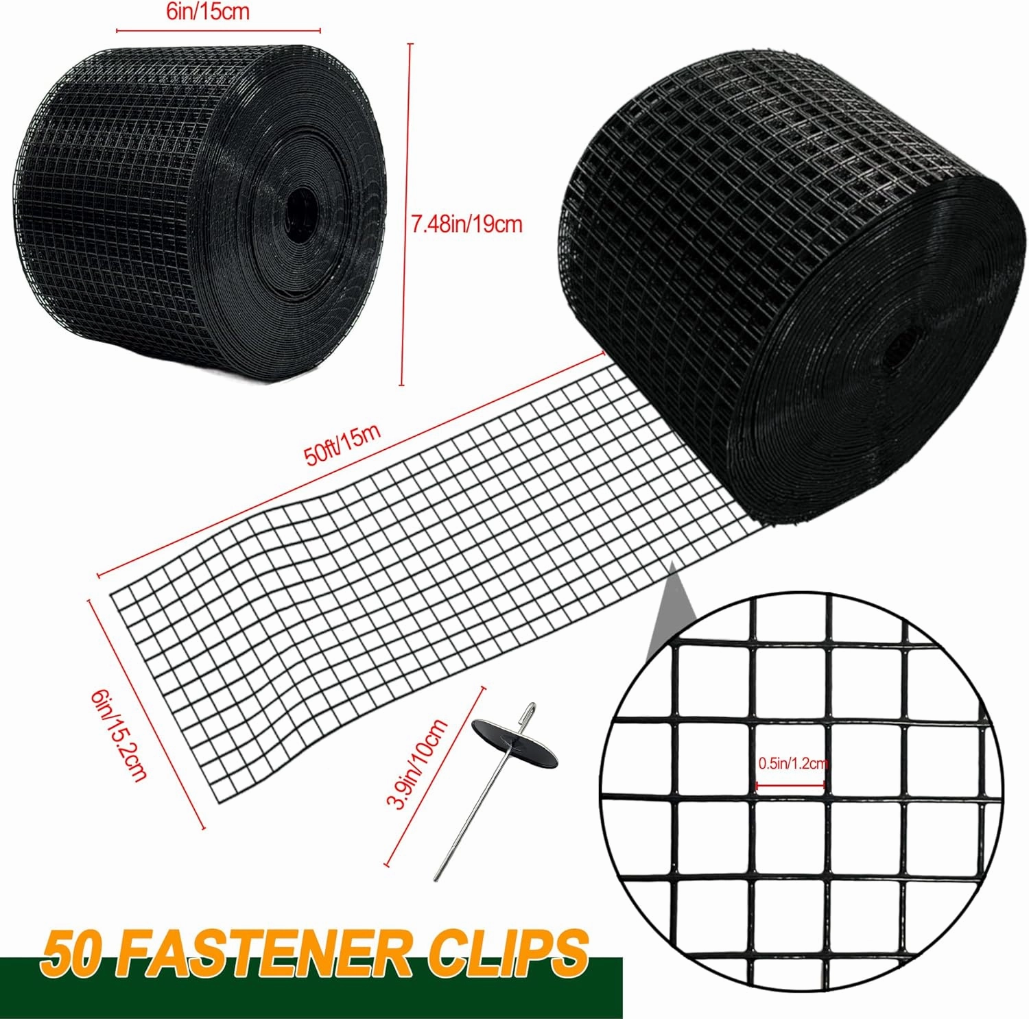 6in x 50ft Solar Panel Bird Guard, 1/2inch Solar Panel Critter Proofing Wire Roll Mesh Kit with 50 Fastener Clips, Solar Panels Bird Proofing with Black Coated Galvanized net for Pigeon Prevention.
