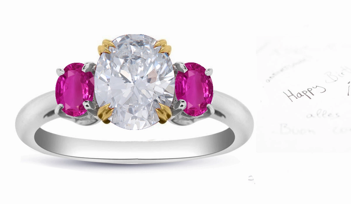73 custom made unique oval cut diamond center stone and oval cut pink sapphire accent three stone engagement ring