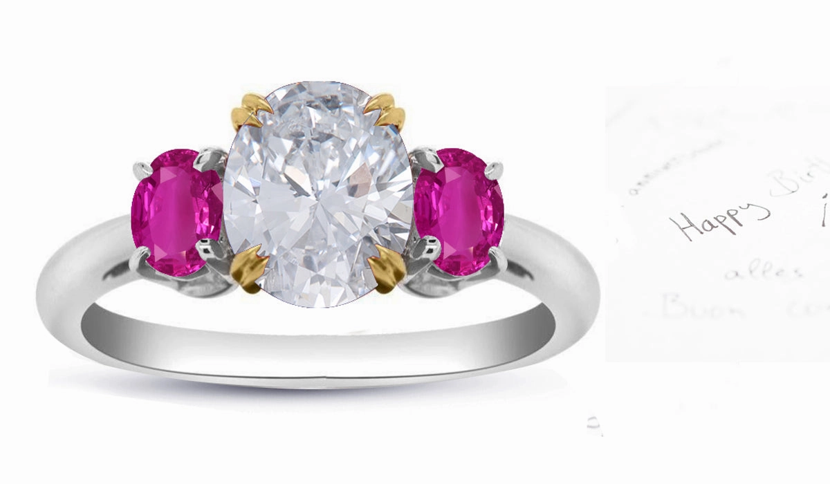 73 custom made unique oval cut diamond center stone and oval cut pink sapphire accent three stone engagement ring