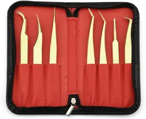 7PCS Eyelash Extension Tweezers Extension Supplies Gold Precision Tongs Nail Art Makeup Tool Set