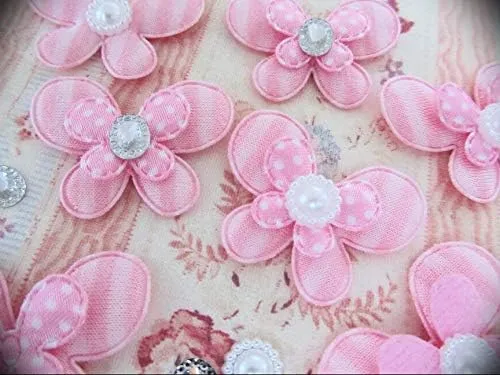 90 Pink Fabric Butterfly  Pearl Jewel  Rhinestone Mix Set/DIY Craft Layer H446 Ribbon Lace Trim Embroidery Applique Fabric Grosgrain Delicate DIY Art Craft Supply for Scrapbooking Gift Wrapping