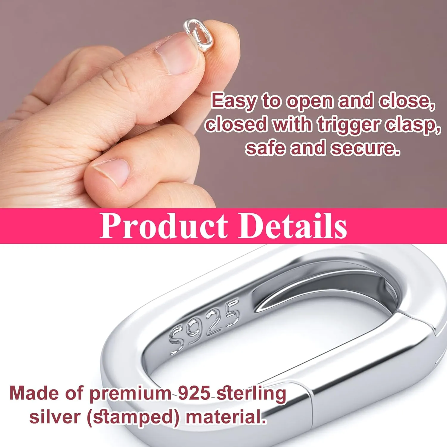 925 Sterling Silver Oval Pendant Clasp for Necklace Making, Hypoallergenic Jewelry Connector Fastener, Lobster Spring Clasp for Keychains Handbag Strap Necklace Bracelet Jewelry Making